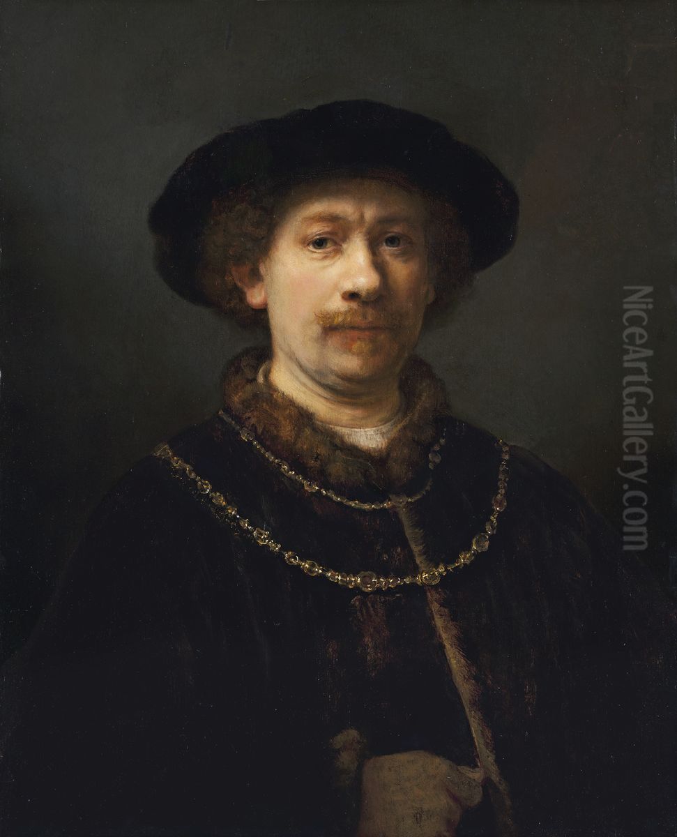 Self-portrait wearing a Hat and two Chains Oil Painting by Rembrandt