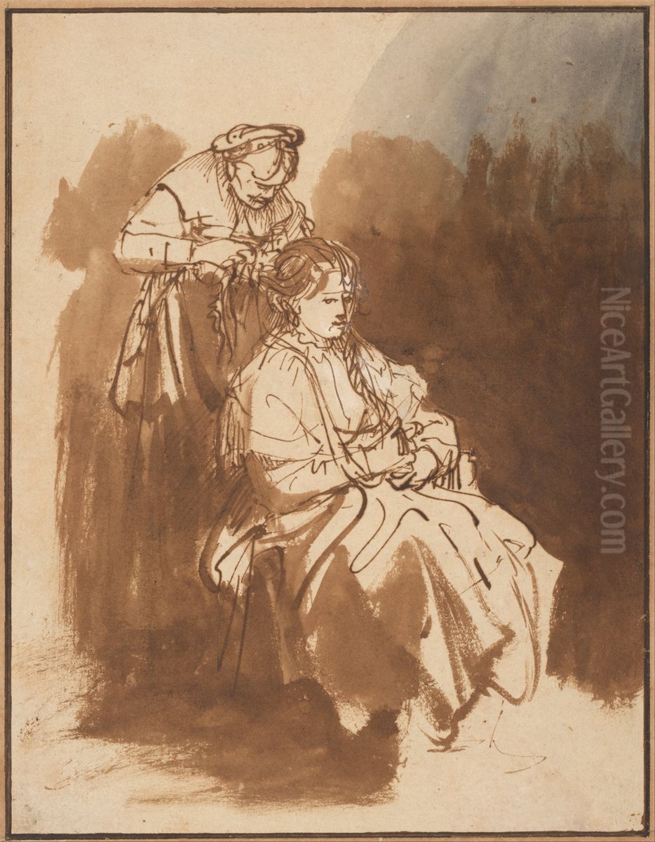 A Young Woman Having Her Hair Braided Oil Painting by Rembrandt