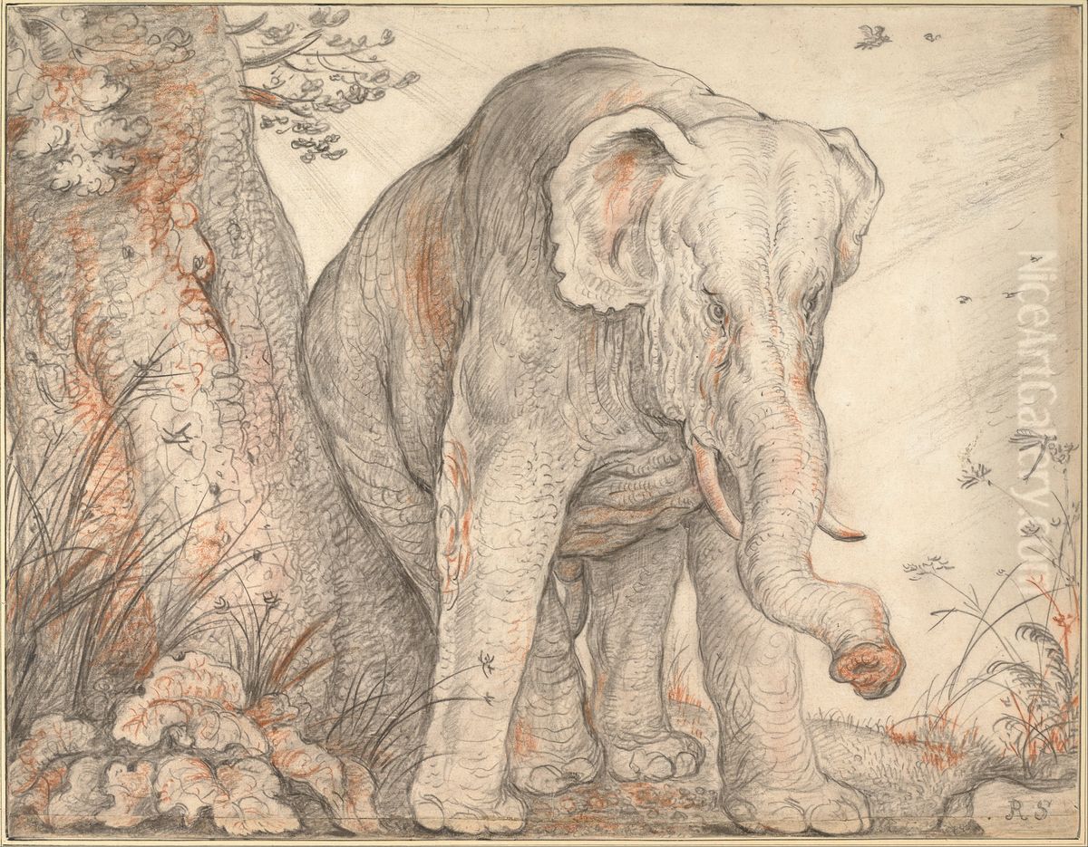An Elephant Rubbing Itself against a Tree Oil Painting by Roelant Savery