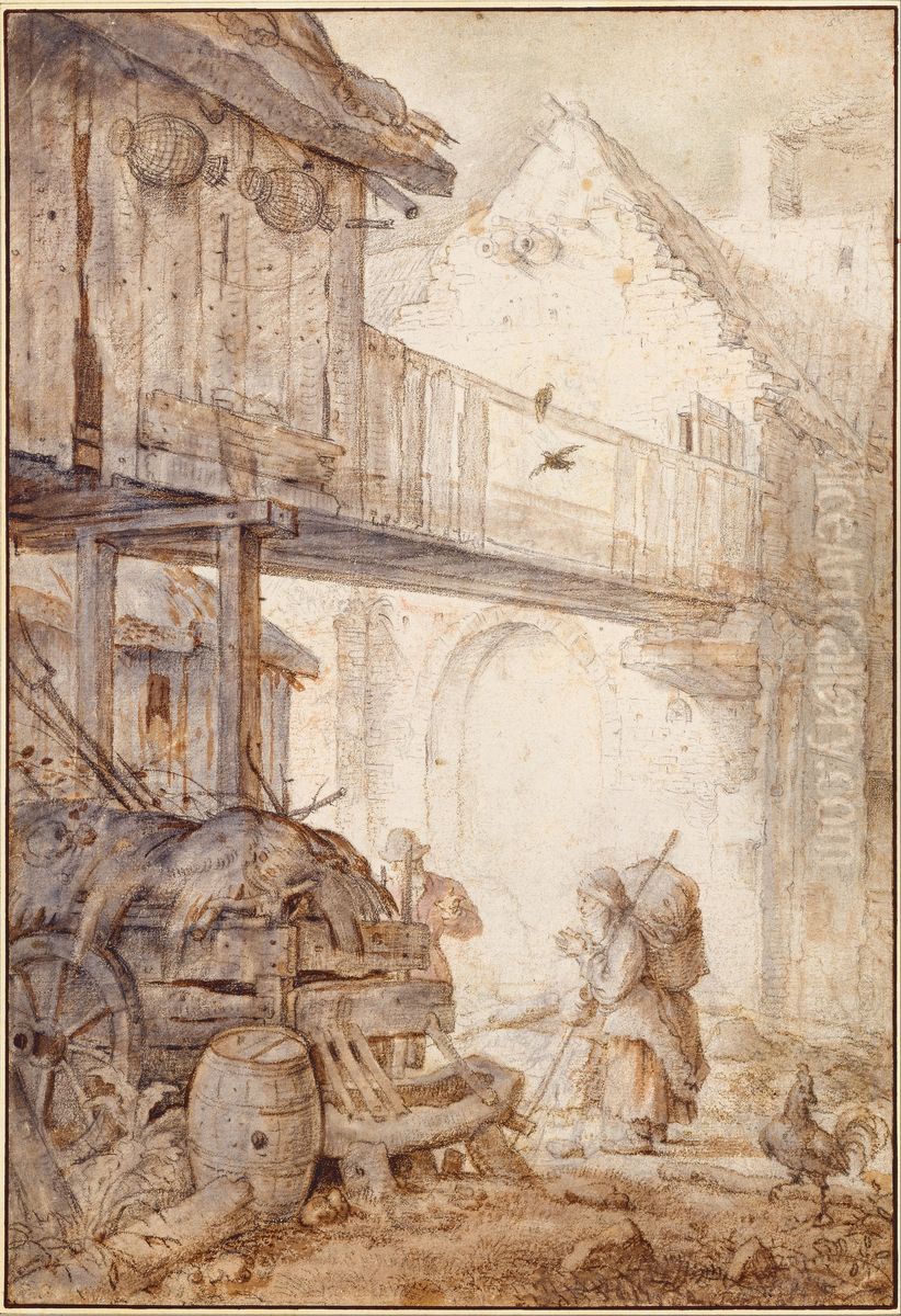 Derelict Courtyard with a Beggar Woman, c. 1608 Oil Painting by Roelant Savery