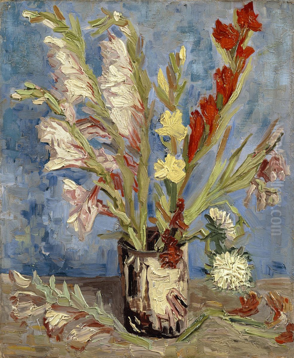 Vase with gladioli and China asters Oil Painting by Vincent Van Gogh