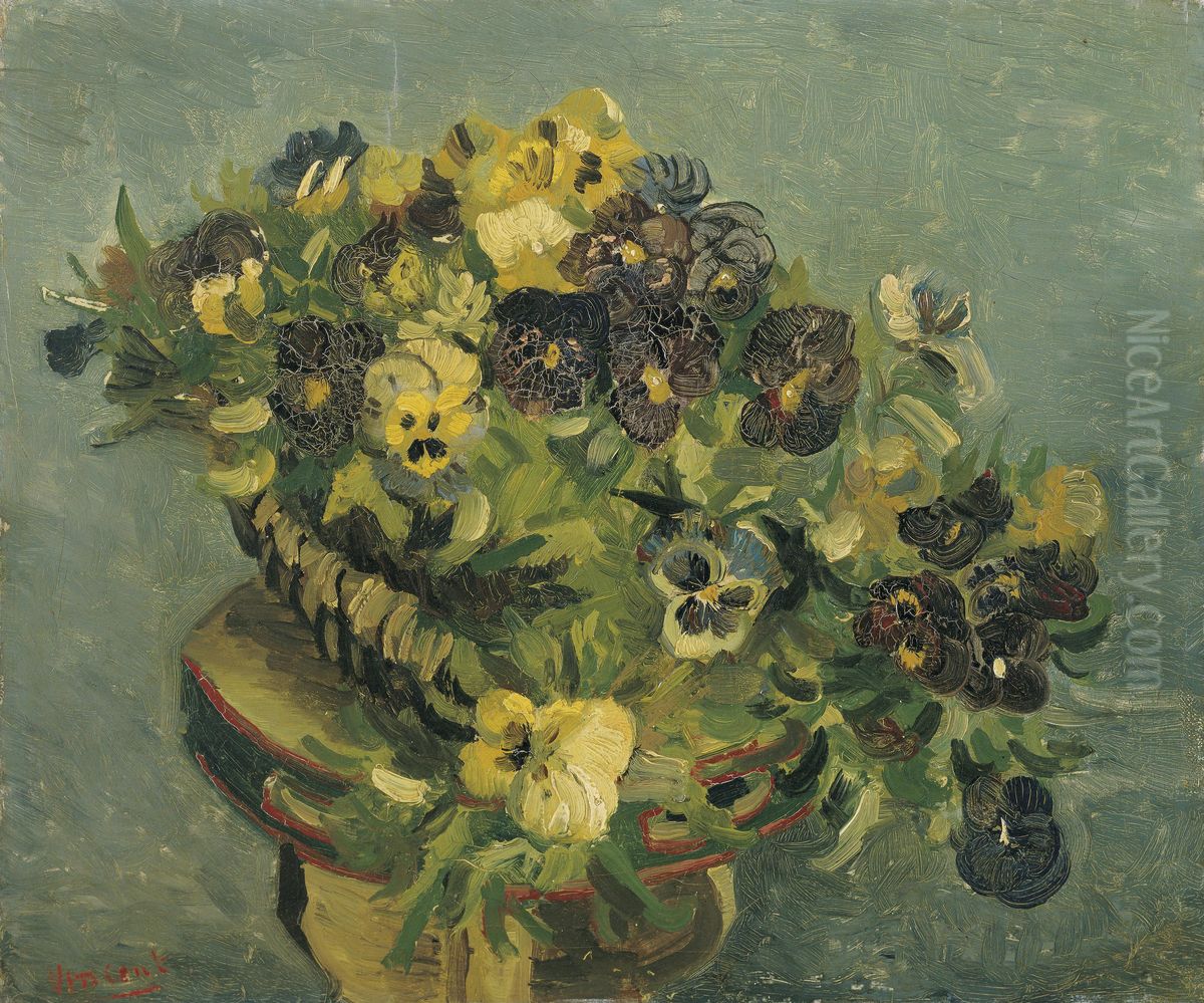 Basket of pansies on a small table Oil Painting by Vincent Van Gogh