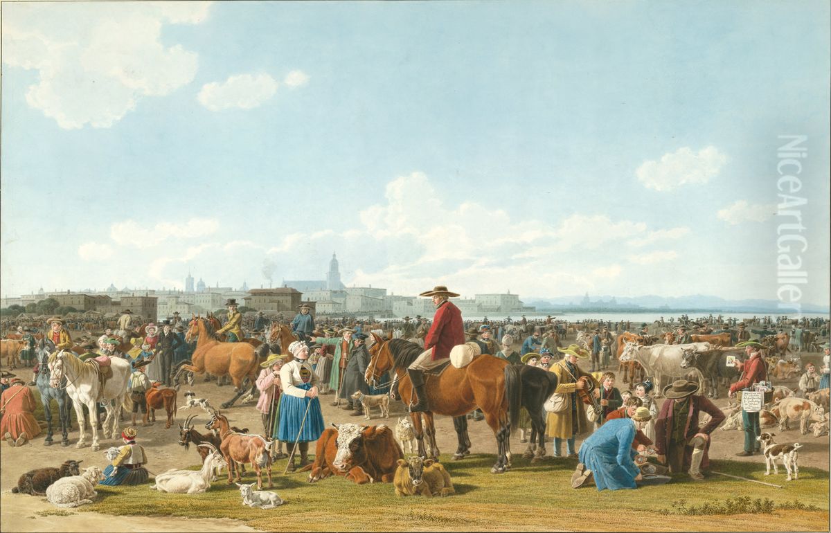 Cattle Market before a Large City on a Lake Oil Painting by Wilhelm von Kobell (1766-1853)