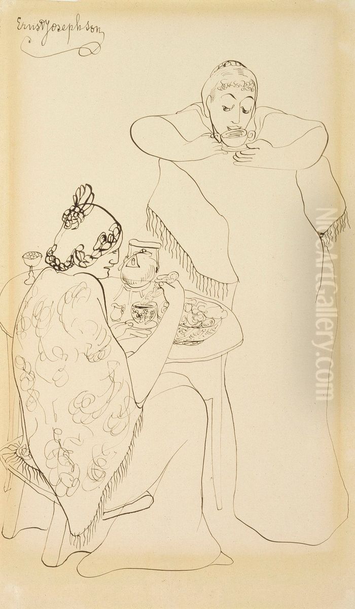 Two Women at a Coffee Table Oil Painting by Ernst Josephson