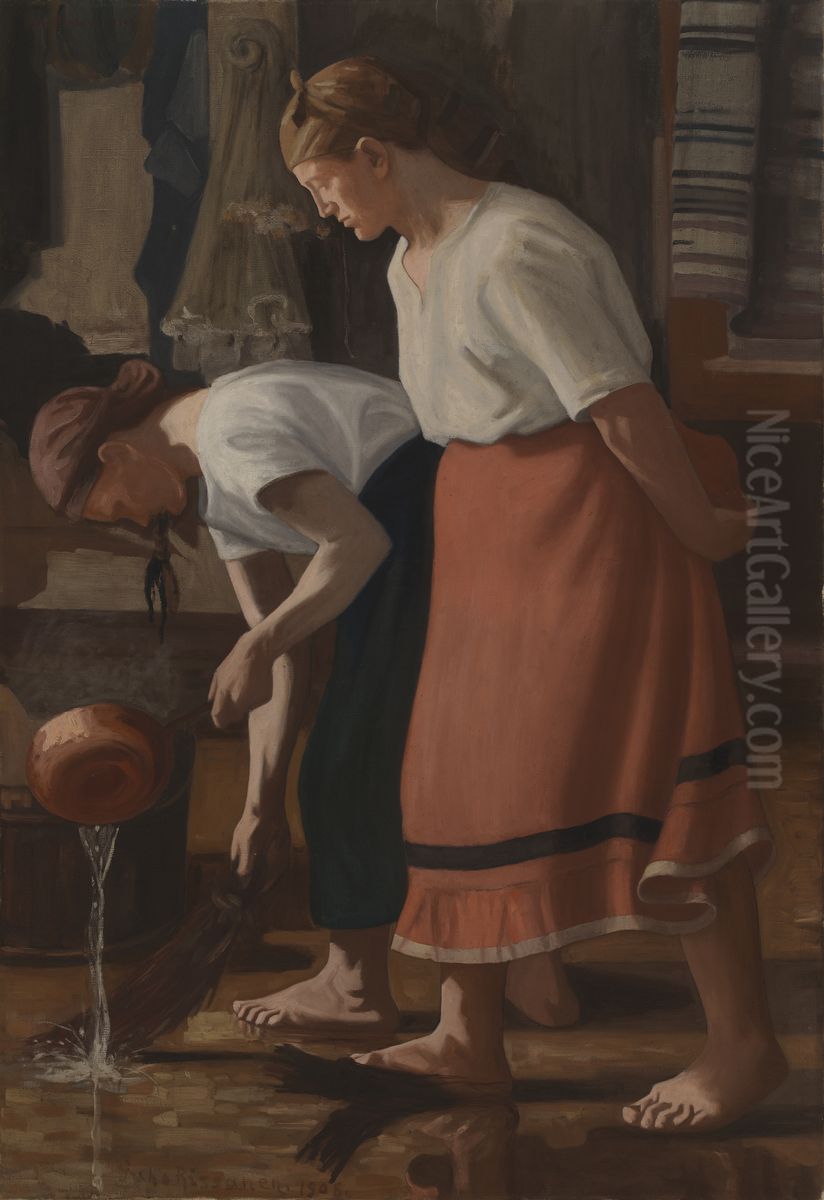 Scrubbing the Floor Oil Painting by Juho Rissanen