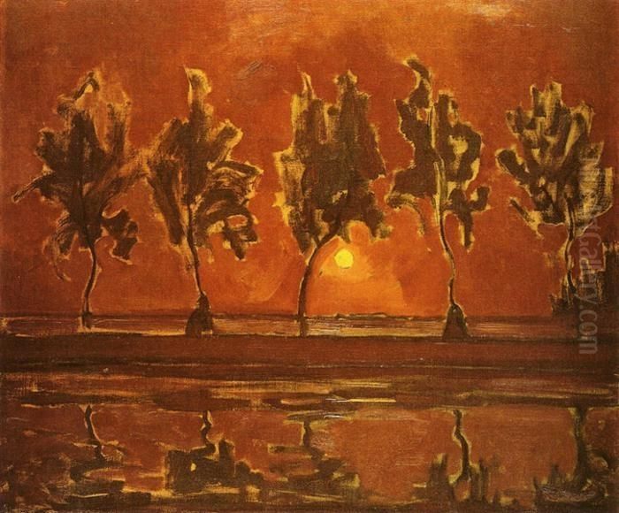 Bomen aan het Gein: opkomende maan Oil Painting by Piet Mondrian