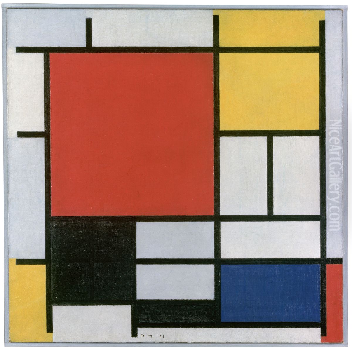Compositie met groot rood vlak, geel, zwart, grijs en blauw Oil Painting by Piet Mondrian