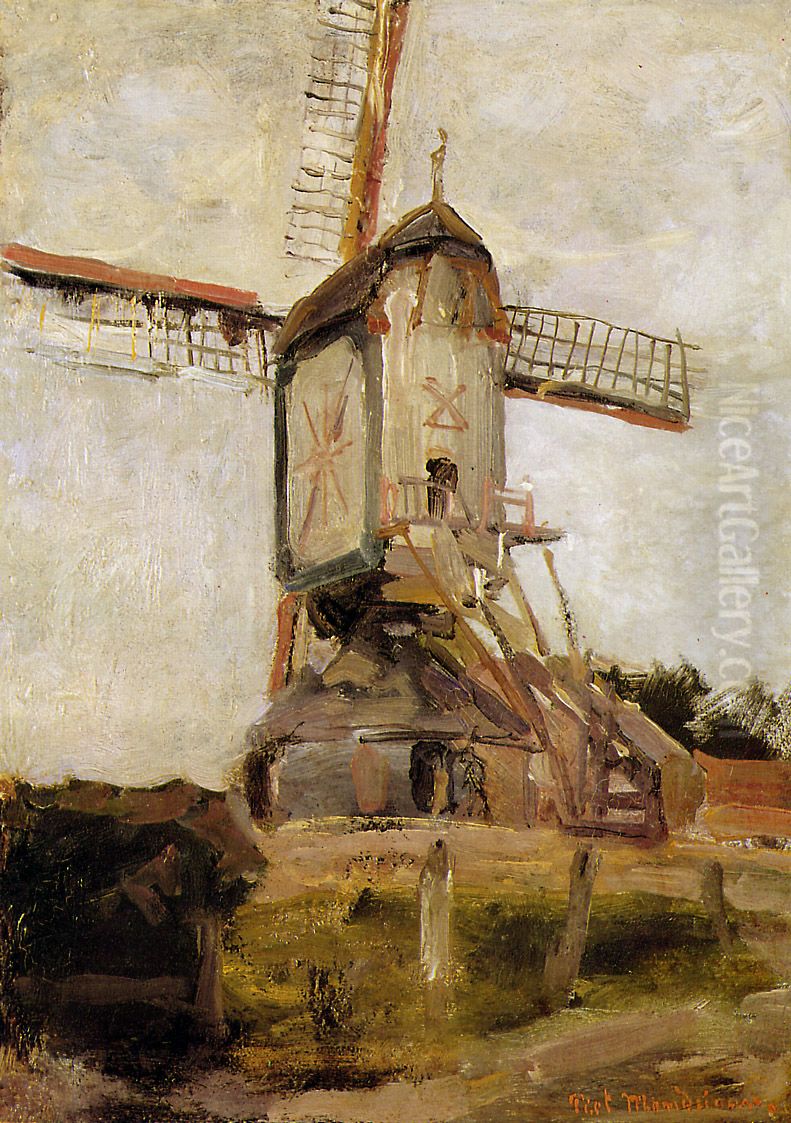 Post mill at Heeswijk, rear view Oil Painting by Piet Mondrian