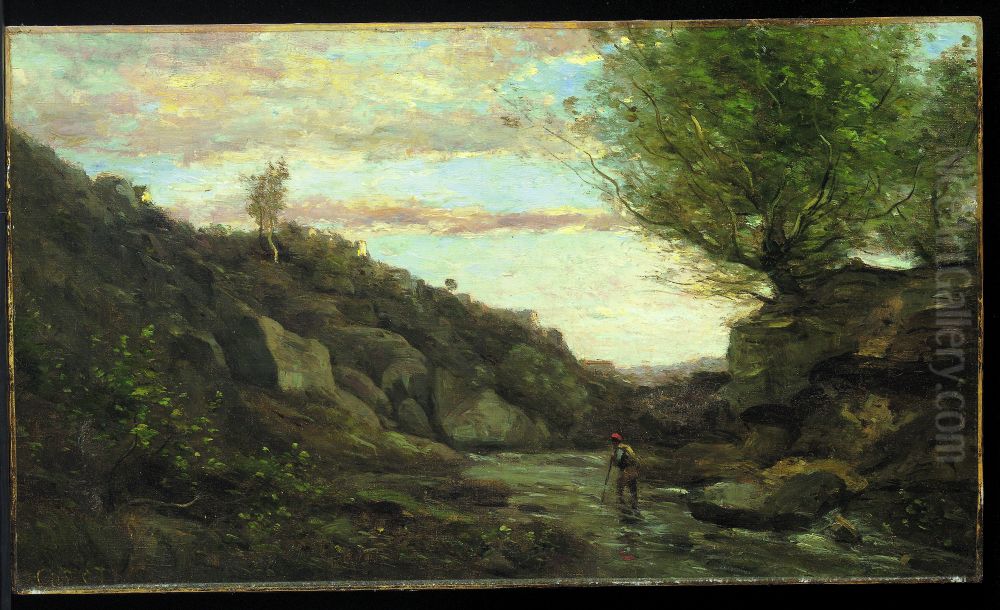 Man Fording a Stream Oil Painting by Jean-Baptiste Camille Corot