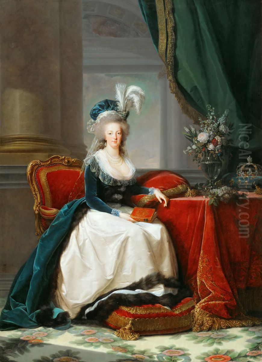 Marie-Antoinette seated, in blue coat and white dress, holding a book in her hand Oil Painting by Elisabeth Louise Vigee Le Brun