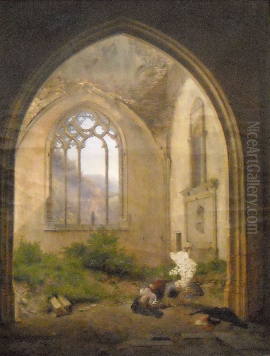 Scene dans une chapelle ruinee Oil Painting by Francois Fleury-Richard