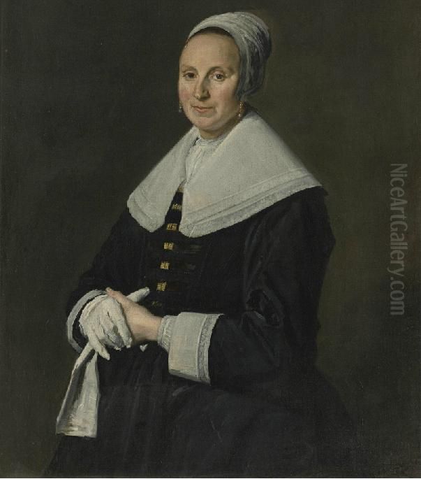 Portrait of an unknown woman with gloves Oil Painting by Frans Hals
