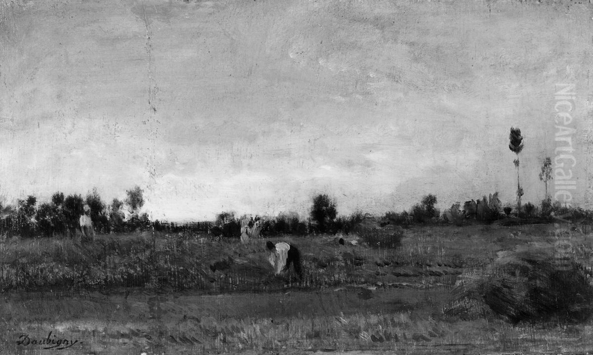 Landscape with Gleaners Oil Painting by Charles-Francois Daubigny