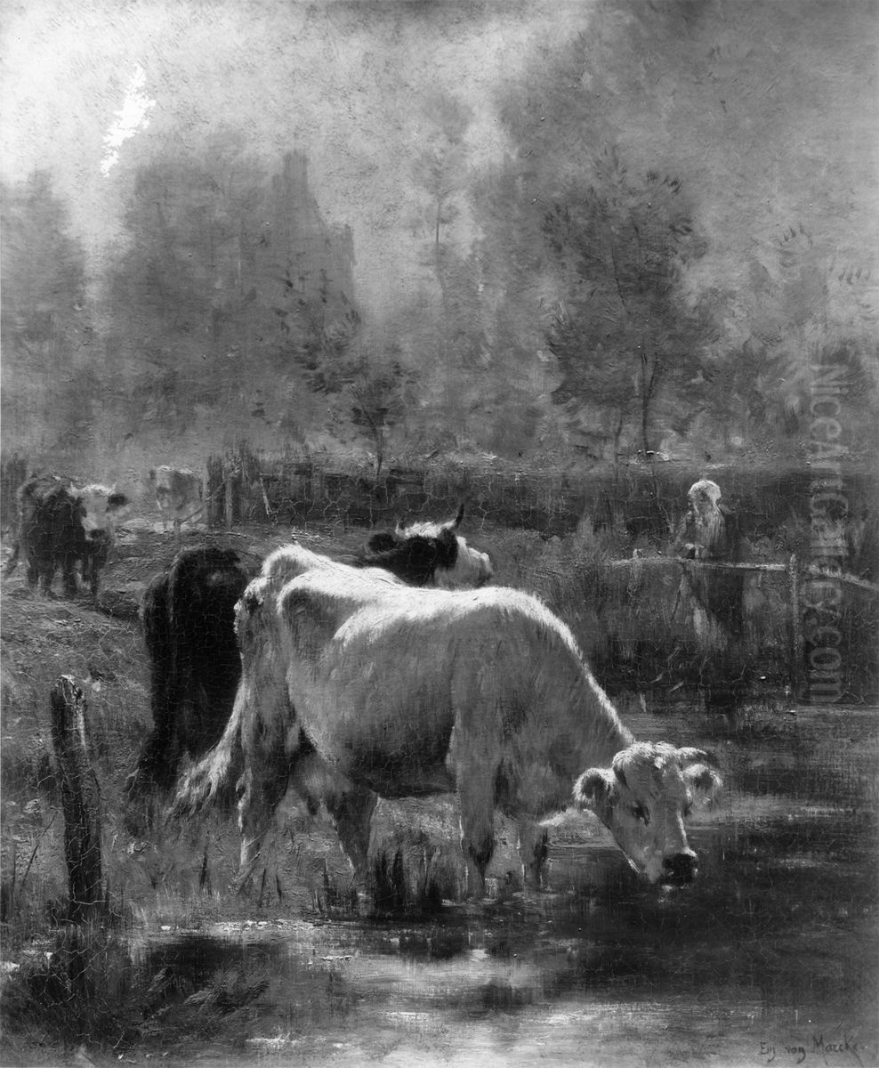 Early Morning Oil Painting by Emile Van Marcke De Lumman