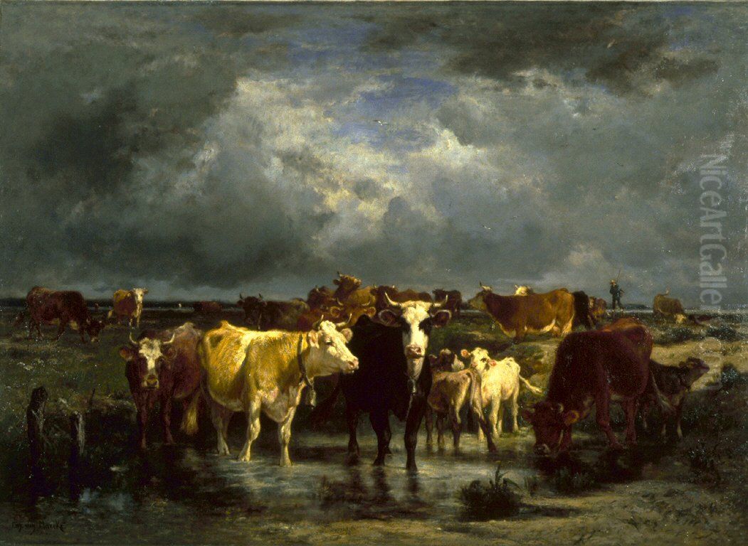 The Approach of a Storm Oil Painting by Emile Van Marcke De Lumman