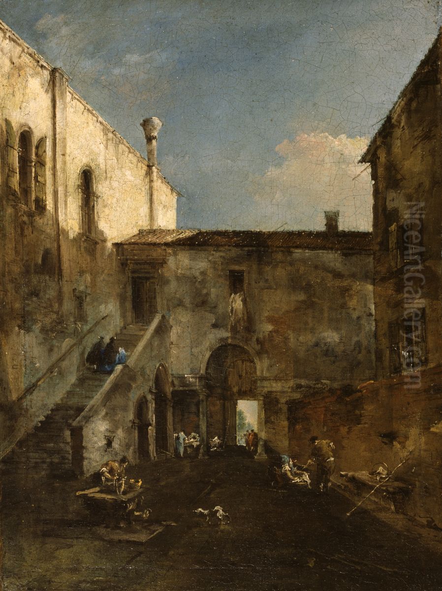 A Venetian Courtyard Oil Painting by Francesco Guardi