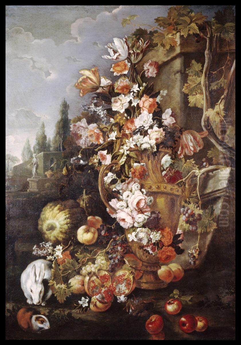 Still Life of Flowers and Fruits in a Garden Oil Painting by Franz Werner Tamm