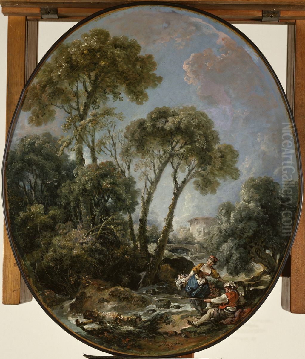 Landscape with Fisherman and a Young Woman Oil Painting by Francois Boucher