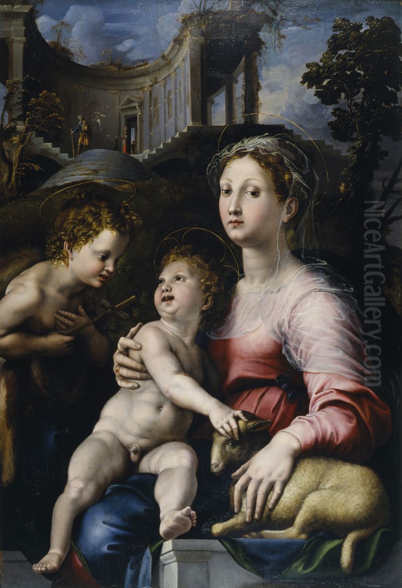 The Madonna and Child with Saint John the Baptist Oil Painting by Giulio Romano (Orbetto)