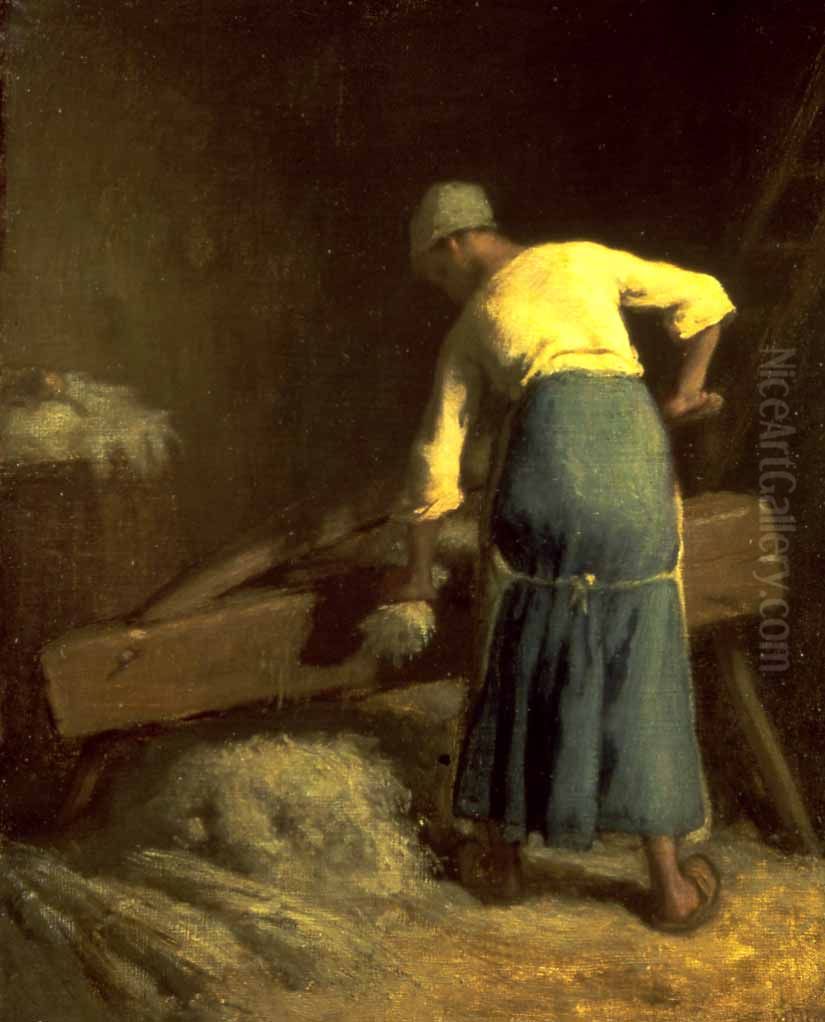 Breaking Flax Oil Painting by Jean-Francois Millet