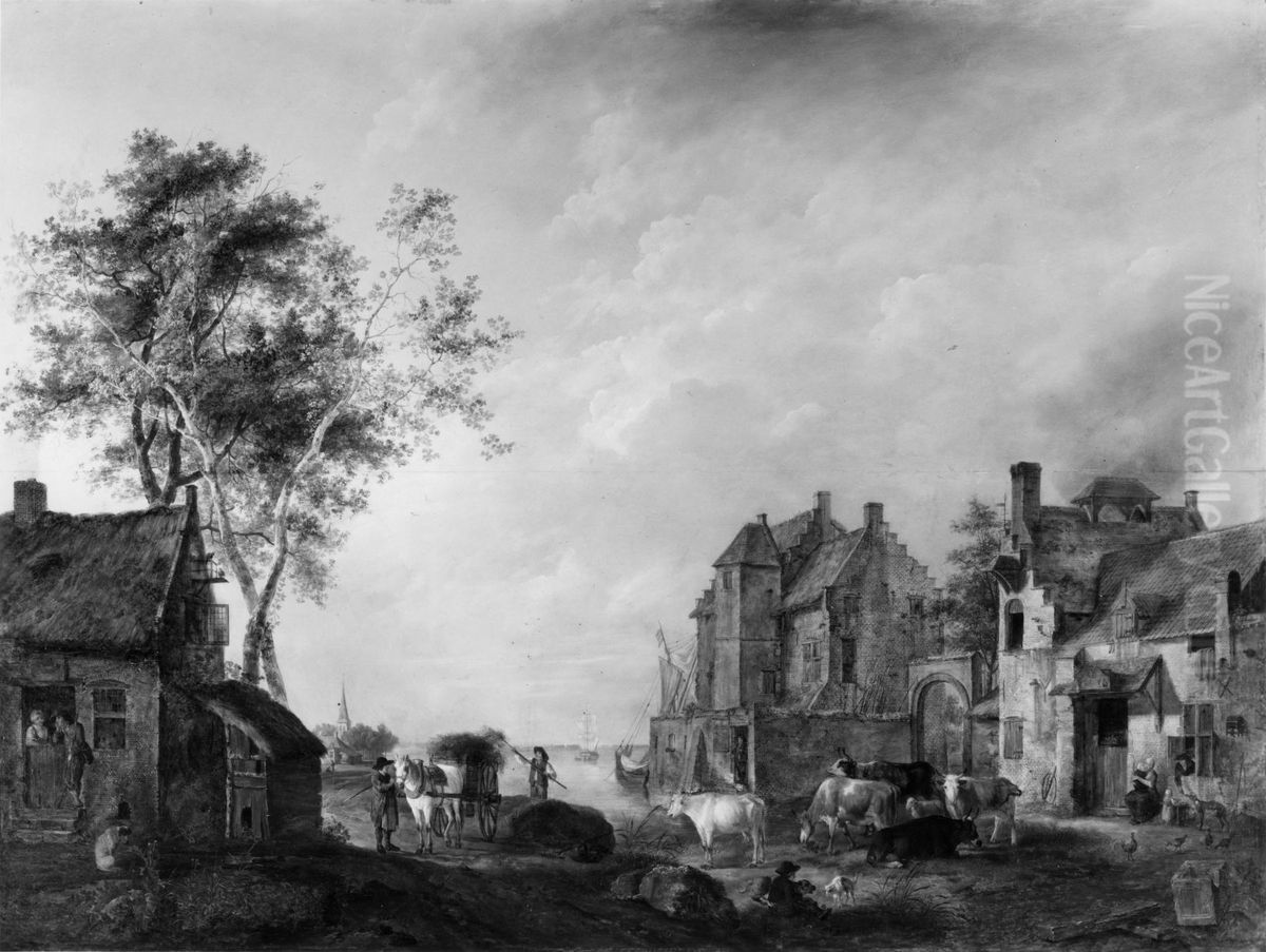 Village Scene on a River Oil Painting by Hendrik-Frans De Cort