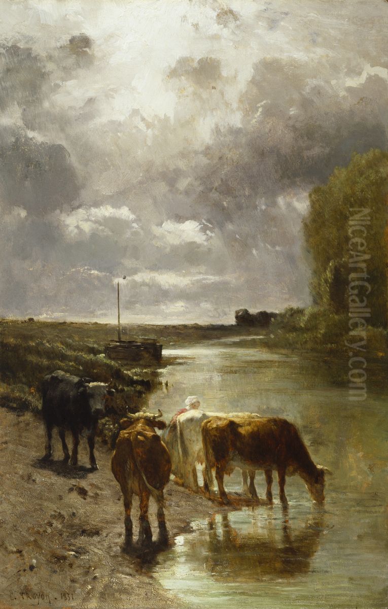 Cattle Drinking Oil Painting by Constant Troyon