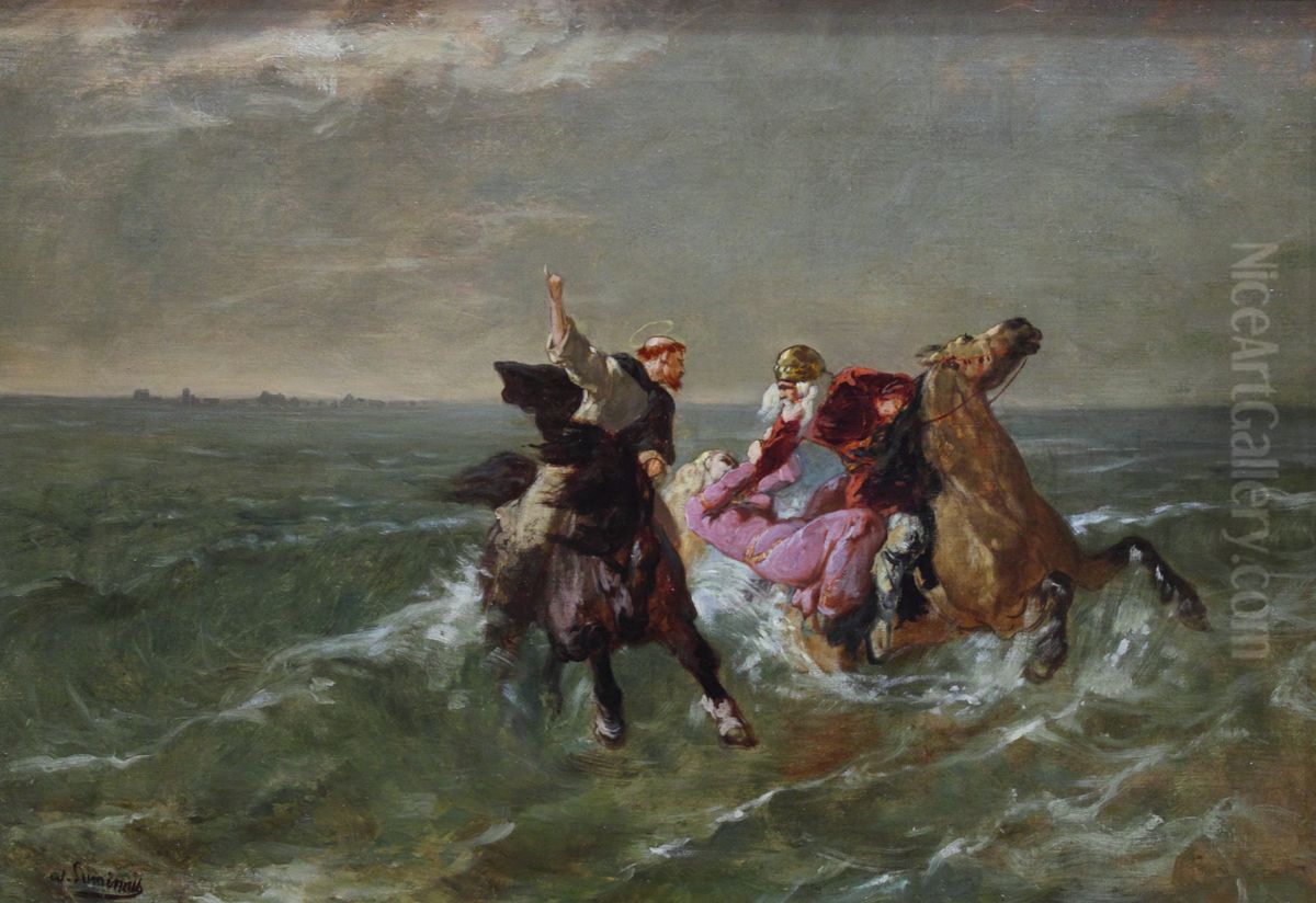 La chevauchee de saint Guenole et du Roi Gradlon Oil Painting by Evariste Vital Luminais