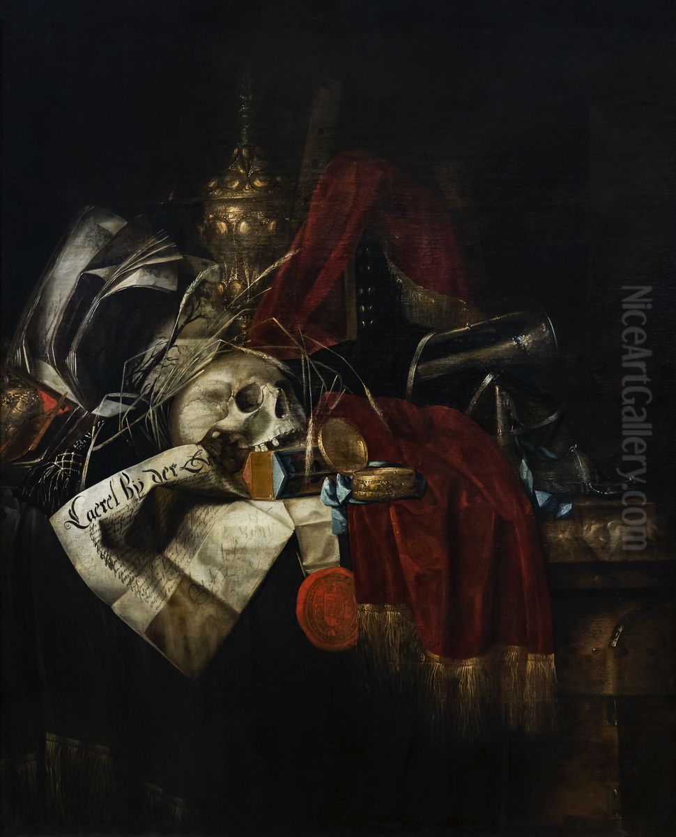 Vanity with a skullFrancais:Vanite au craneItaliano:Vanita con il cranio Oil Painting by Franciscus Gijsbrechts