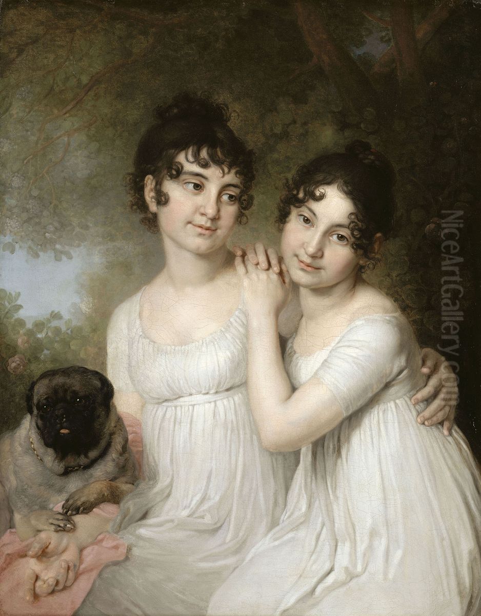 Portrait des princesses Elena (1787-1869) et Alexandra (1788-1819) Kourakine, avec leur chien, 1802 Oil Painting by Vladimir Borovikovsky