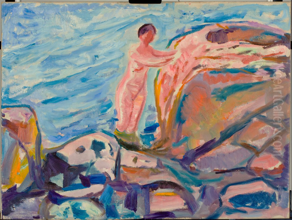 Bathing Woman by a Red Cliff Oil Painting by Edvard Munch