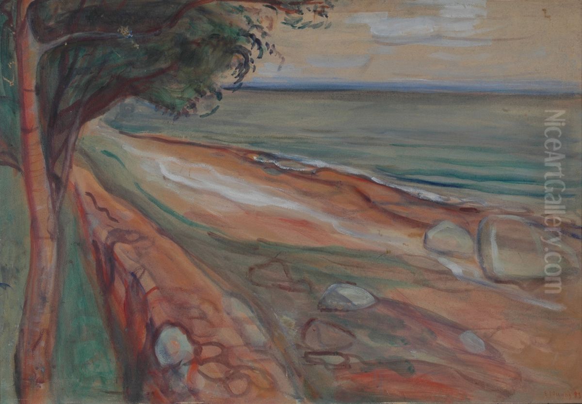 Beach Oil Painting by Edvard Munch