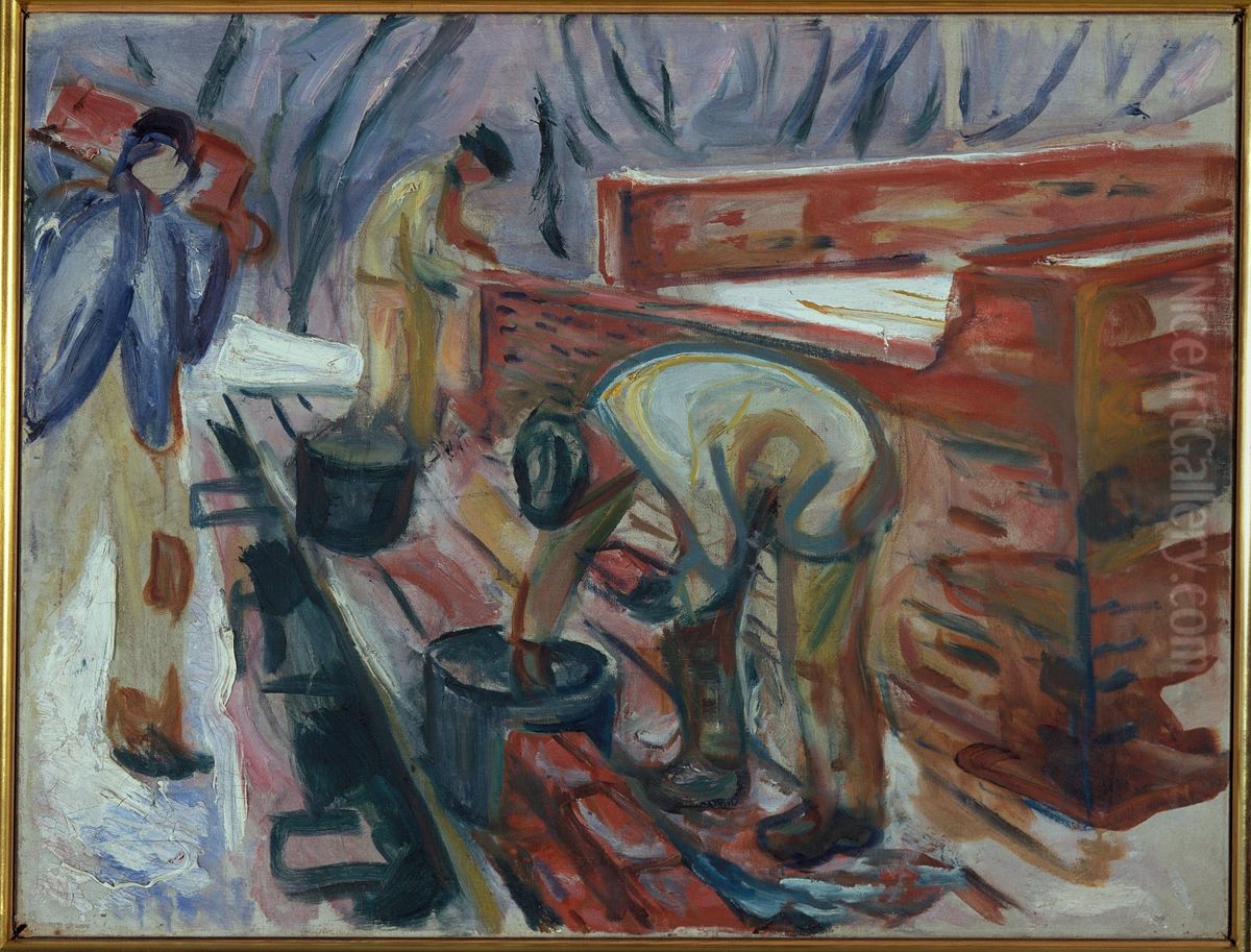 Bricklayers at Work on the Studio Building Oil Painting by Edvard Munch