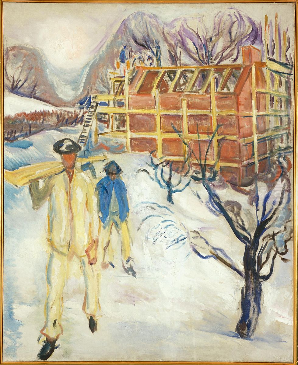 Building Workers in Snow Oil Painting by Edvard Munch