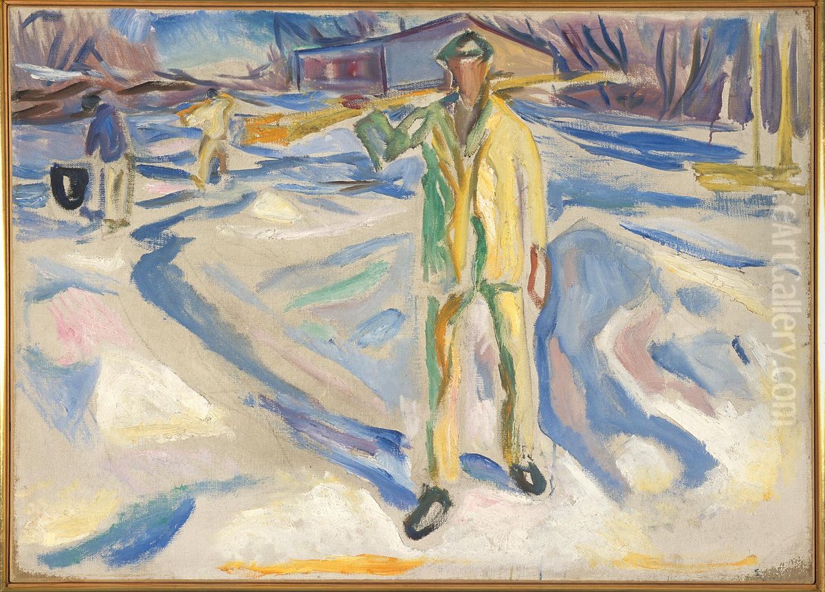 Building Workers in Snow Oil Painting by Edvard Munch