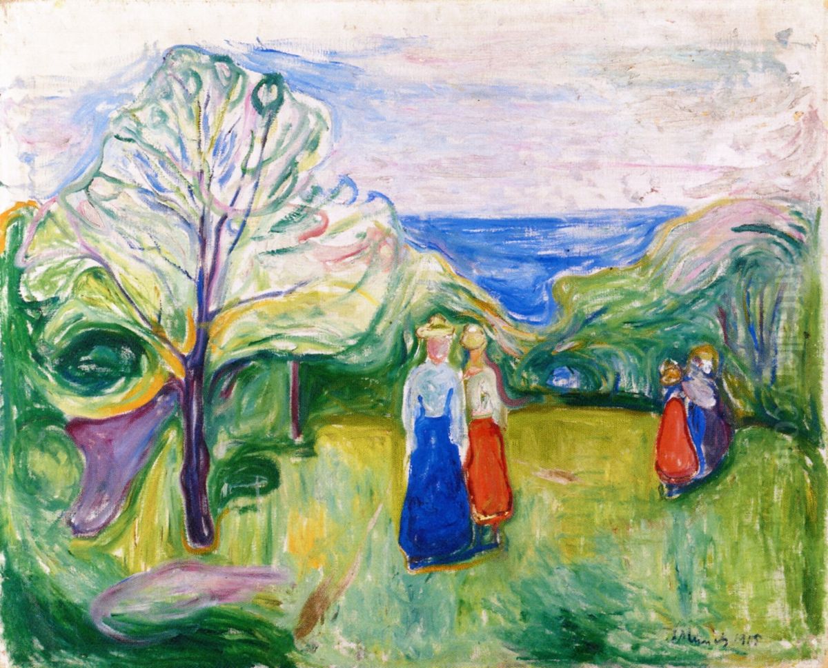 Cherry Tree in Blossom and Young Girls in the Garden Oil Painting by Edvard Munch