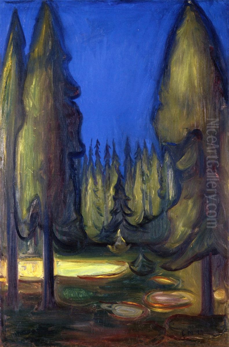 Dark Spruce Forest Oil Painting by Edvard Munch