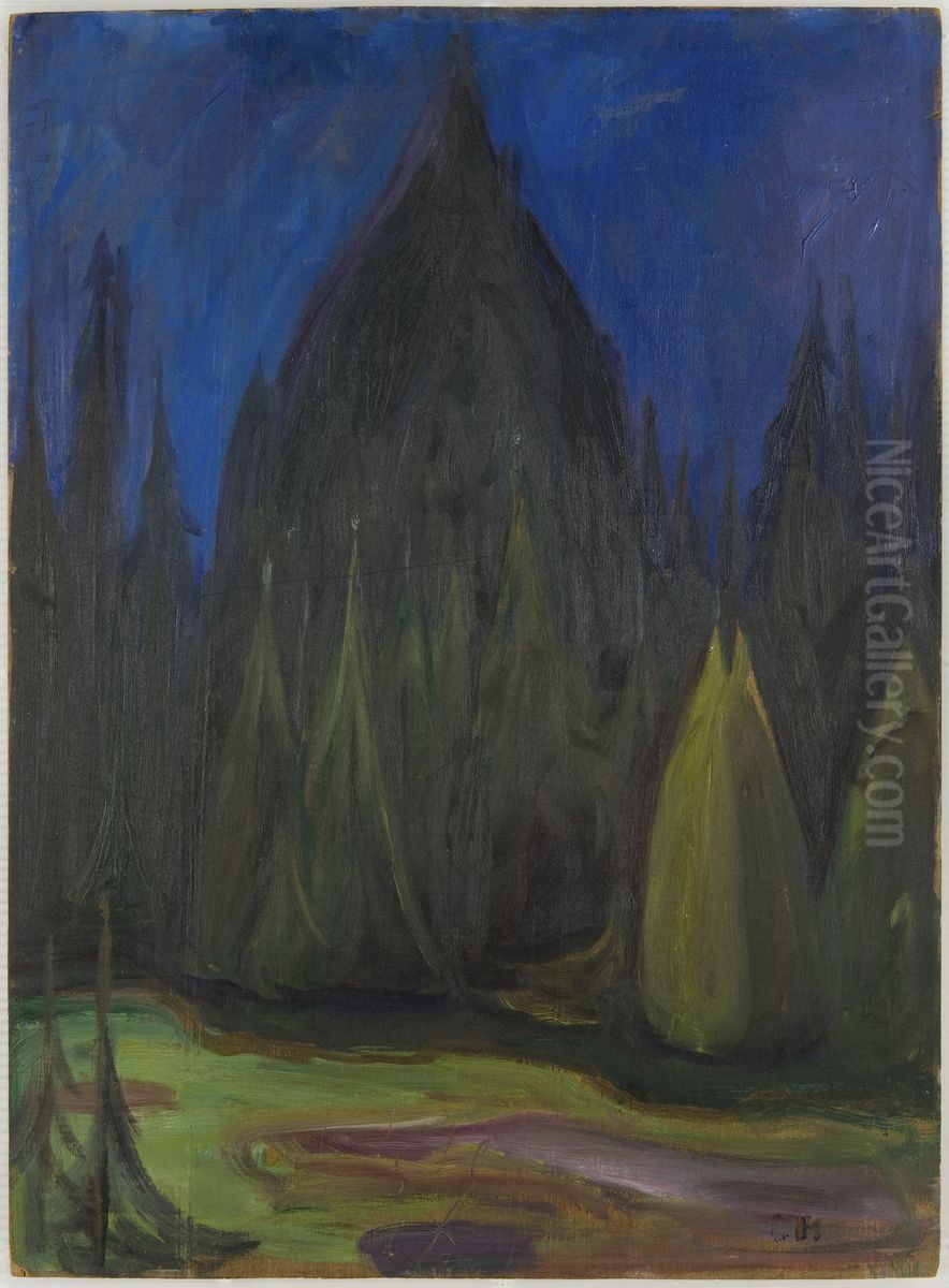 Dark Spruce Forest Oil Painting by Edvard Munch
