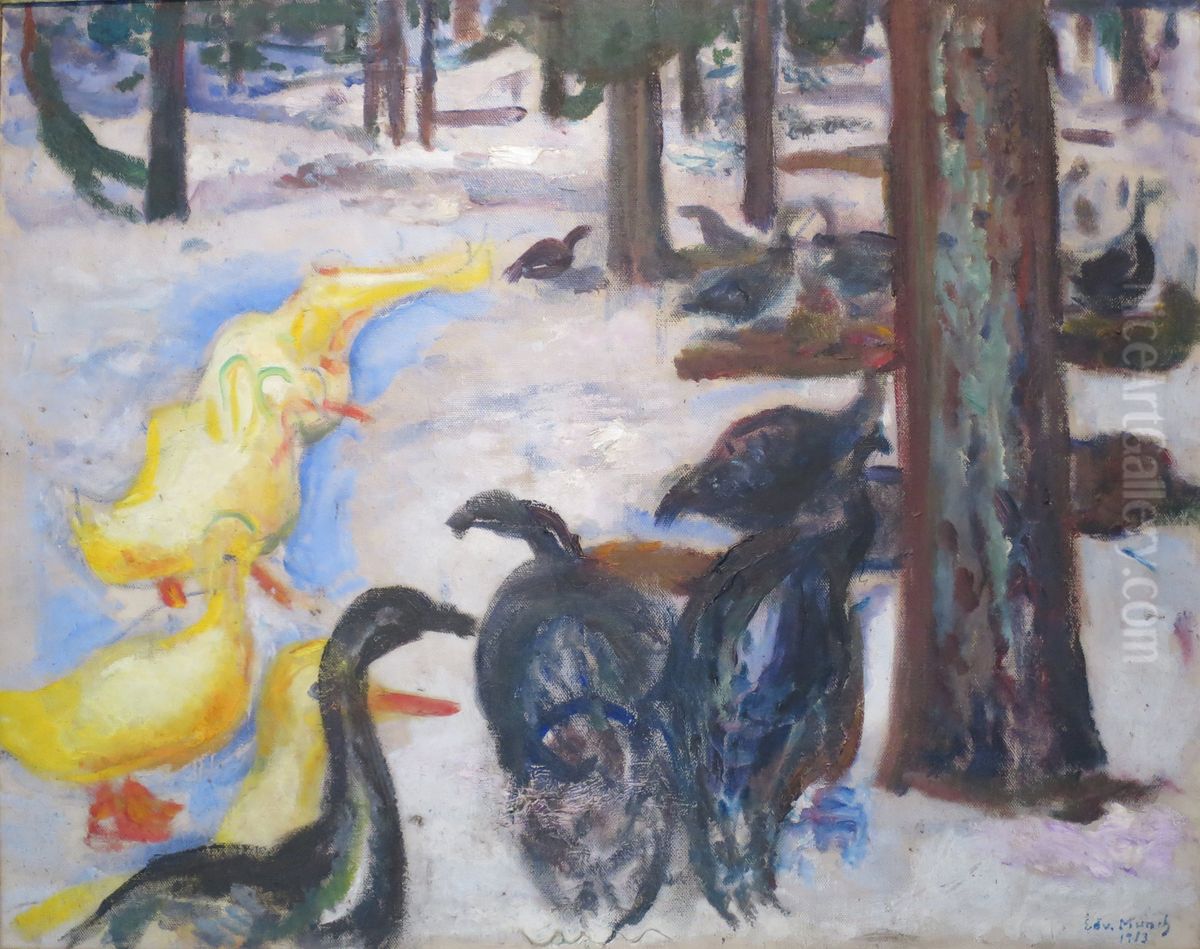 Ducks and Turkeys in Snow Oil Painting by Edvard Munch