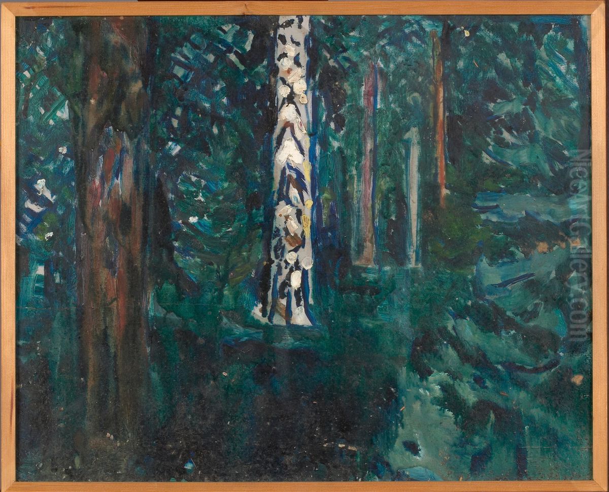 Forest with Birch Trunks Oil Painting by Edvard Munch