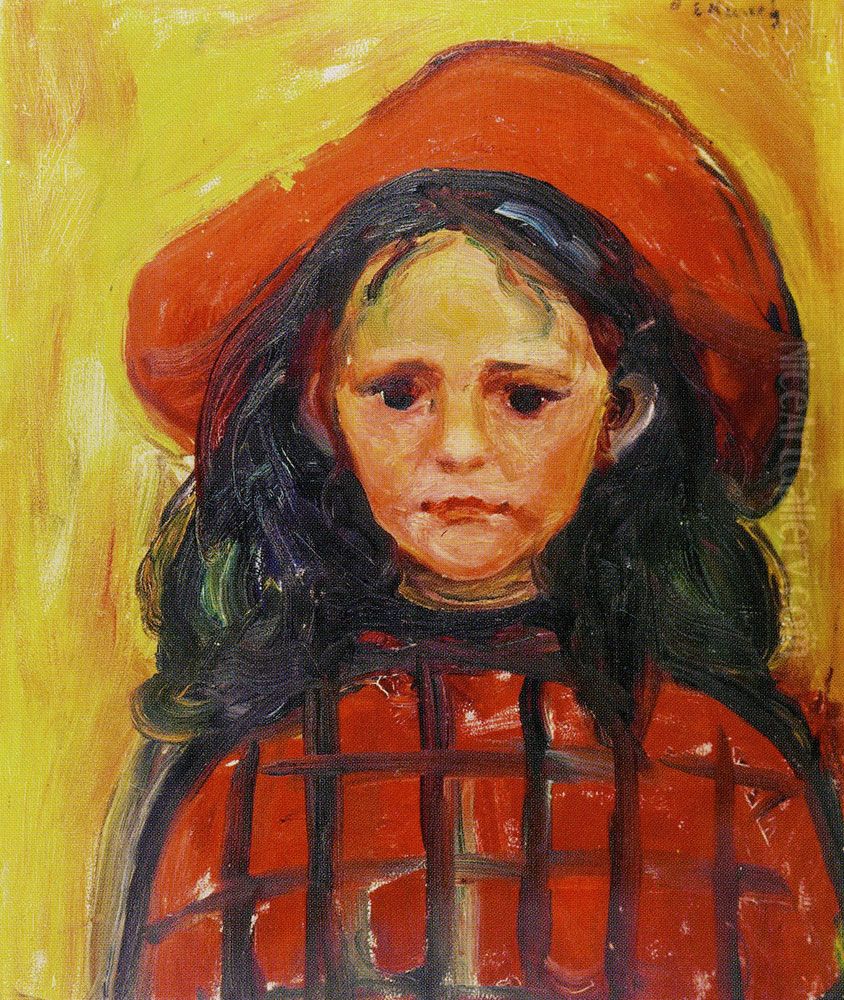 Girl with Red Chequered Dress and Red Hat Oil Painting by Edvard Munch