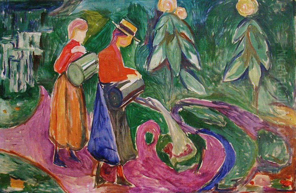 Girls Watering Flowers (The Freia Frieze IV) Oil Painting by Edvard Munch