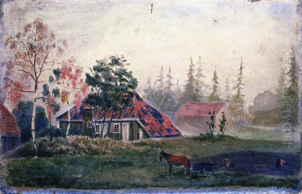 Horse and Wagon in front of Farm Buildings Oil Painting by Edvard Munch