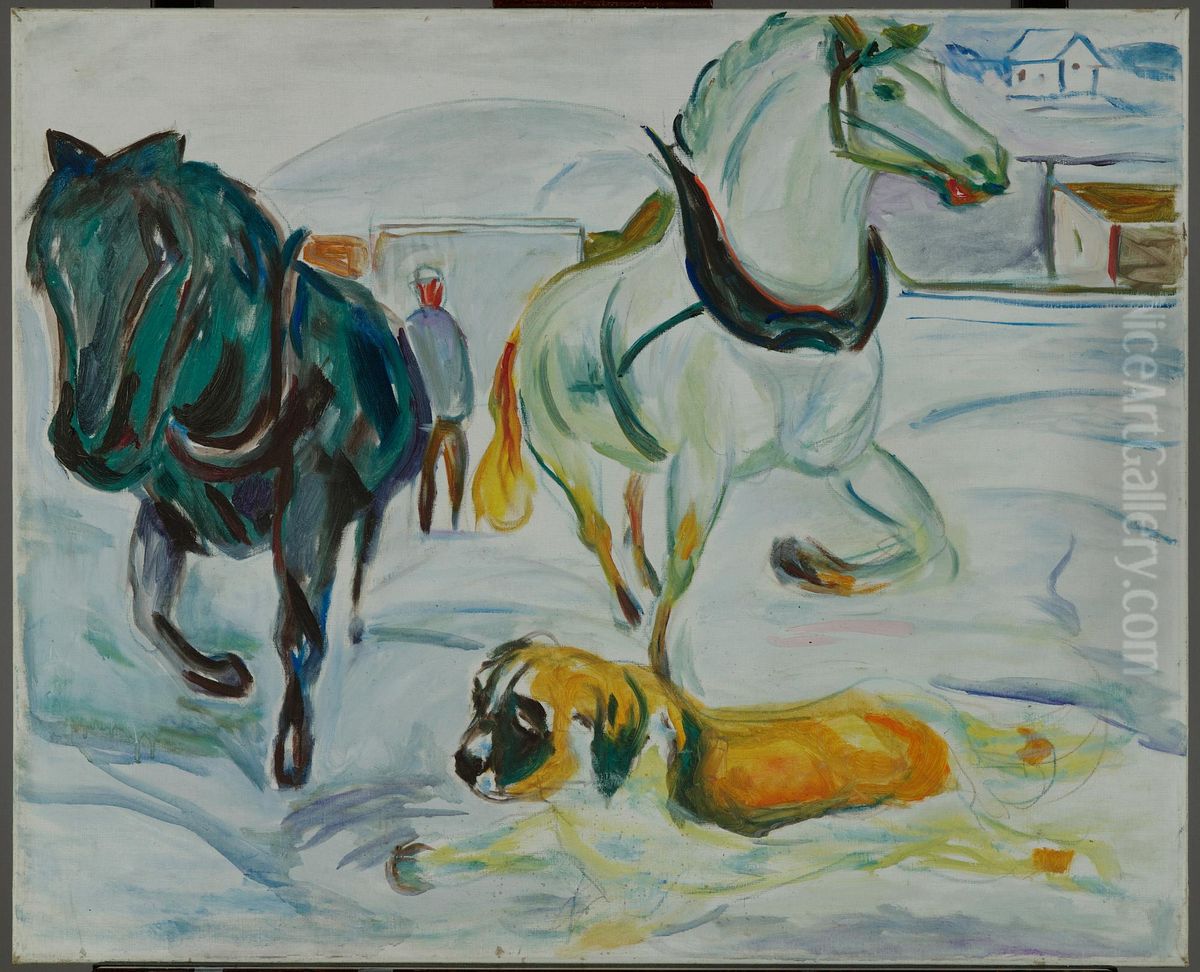 Horse Team and a St. Bernard in the Snow Oil Painting by Edvard Munch