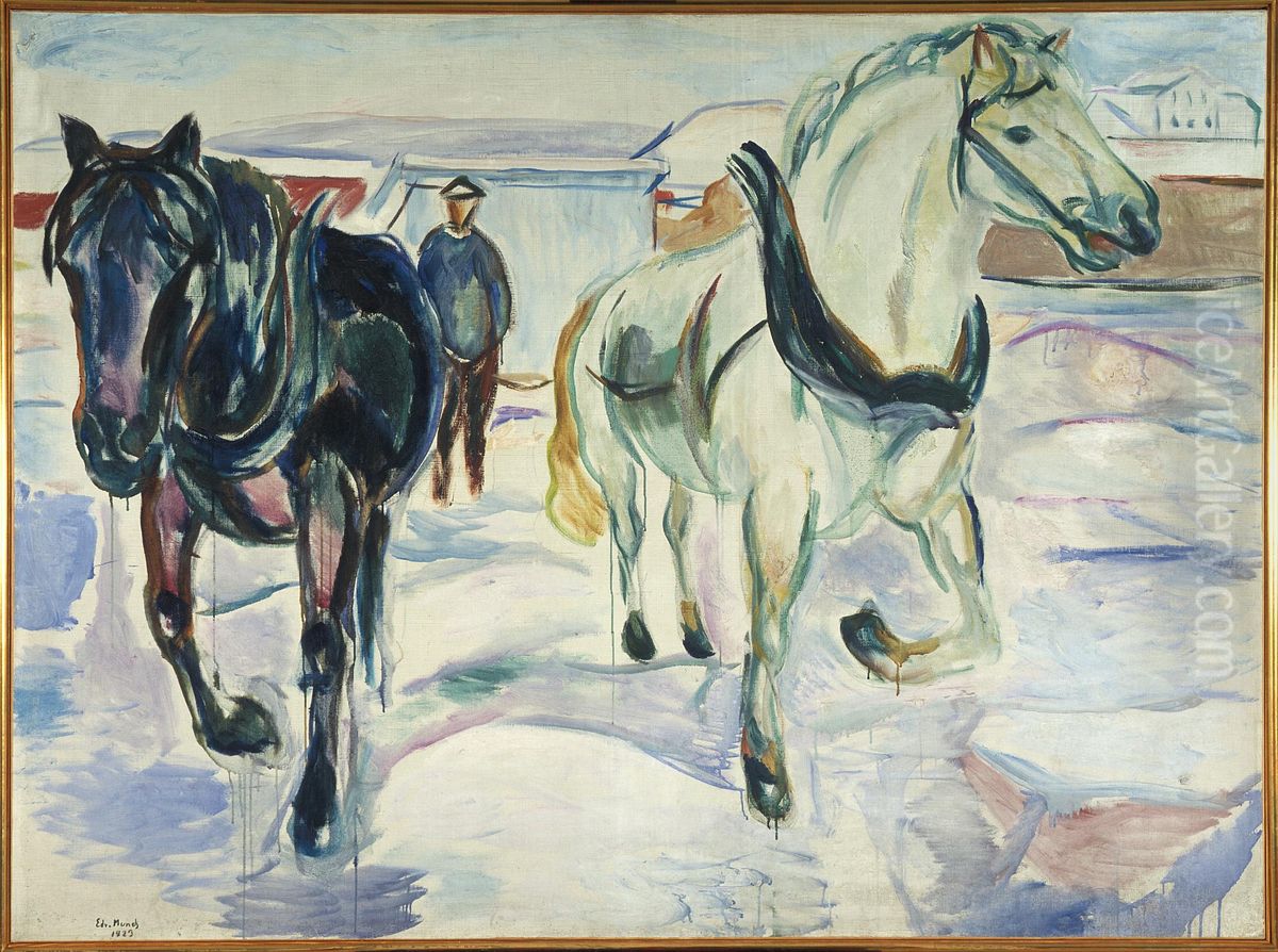 Horse Team in Snow Oil Painting by Edvard Munch