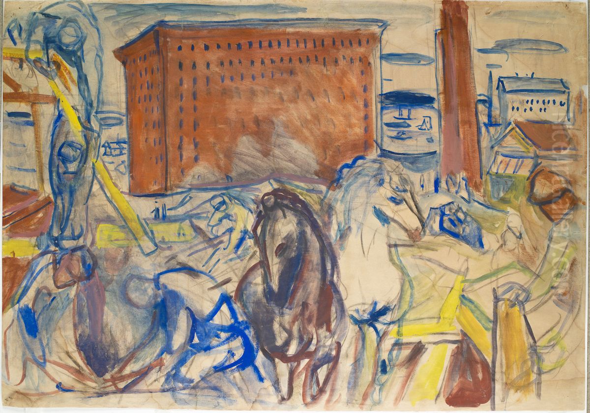 Horse Team on a Building Site Oil Painting by Edvard Munch
