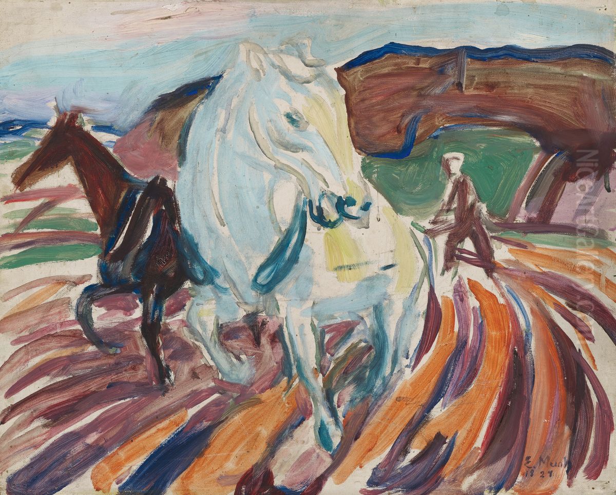 Horses Ploughing Oil Painting by Edvard Munch