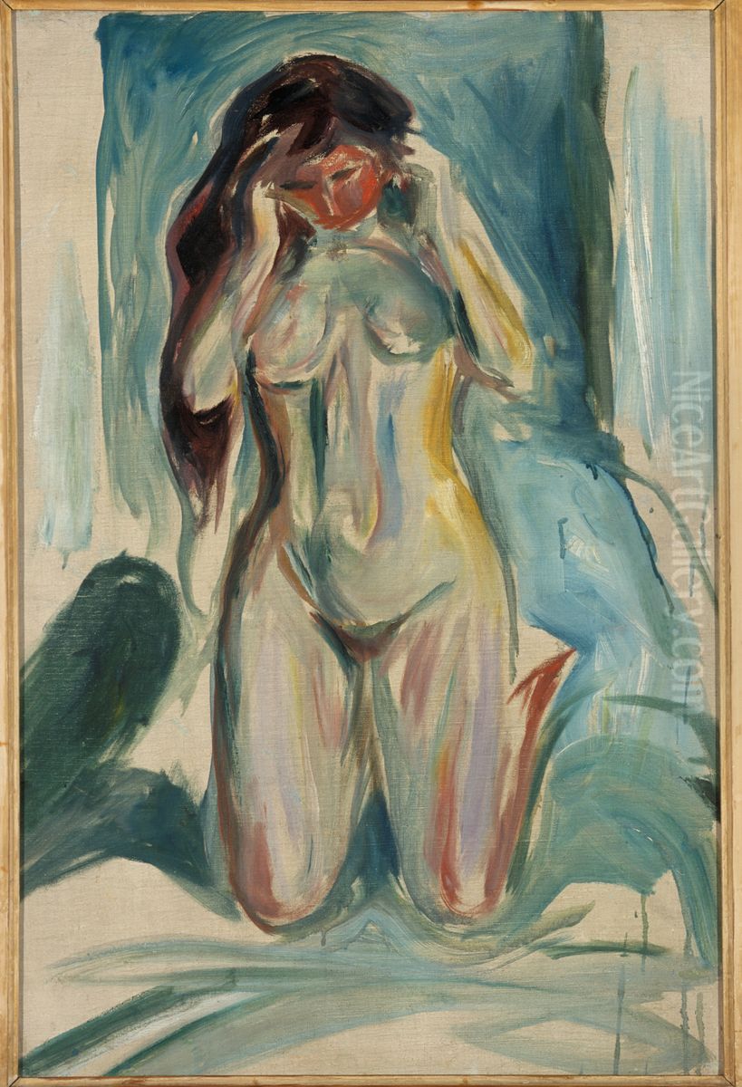 Kneeling Nude Oil Painting by Edvard Munch