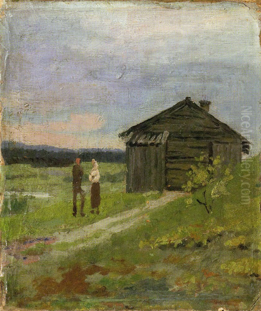 Landscape with a Small House and Two People Oil Painting by Edvard Munch