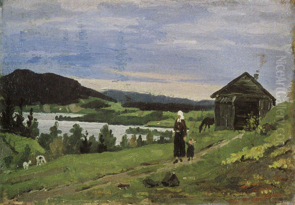 Landscape with Woman and Child Oil Painting by Edvard Munch