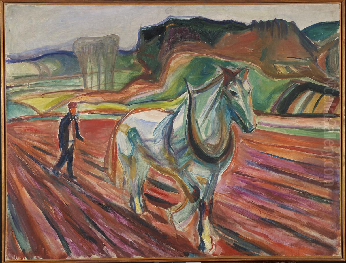 Man Ploughing with a White Horse Oil Painting by Edvard Munch